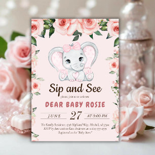 Invitation Cutie Elephant Blush Rose Floral Sip Voir