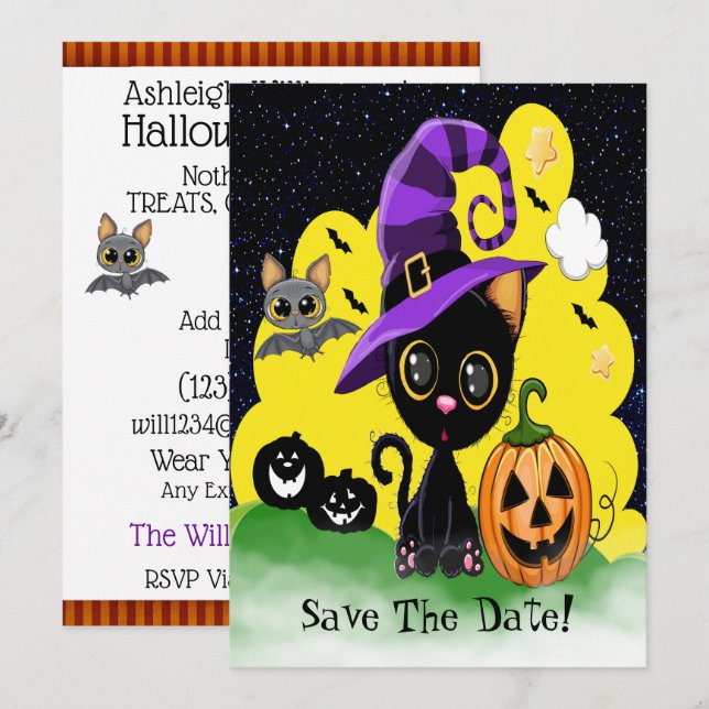 Invitation Cutie Kitty FUN Halloween (Devant / Derrière)