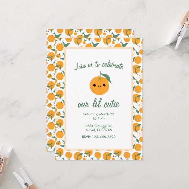 Invitation Cutie Orange Mandarin Clementine personnalisée (Devant/Arrière en situation)