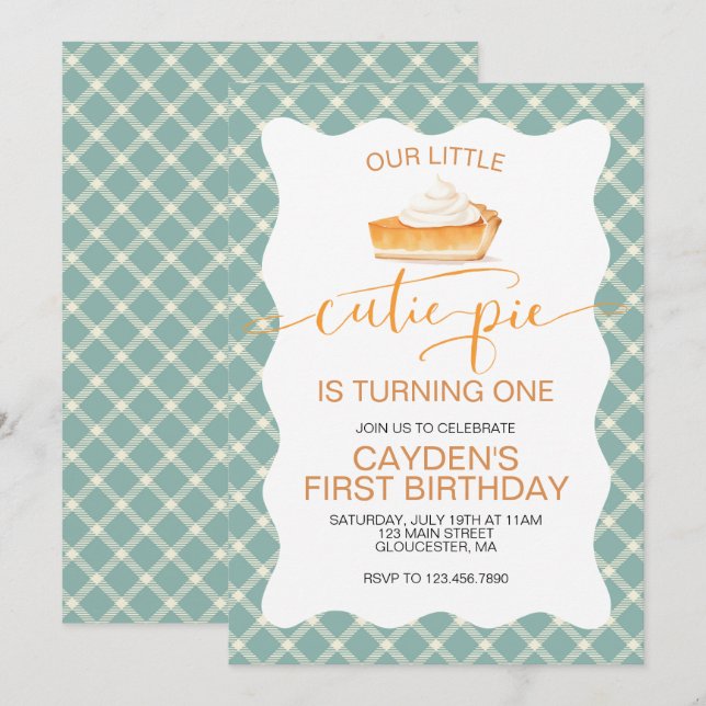 Invitation Cutie Pie citrouille pie Chute plaid Premier anniv (Devant / Derrière)