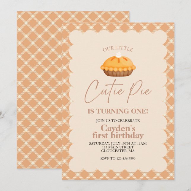 Invitation Cutie Pie citrouille pie Chute plaid Premier anniv (Devant / Derrière)