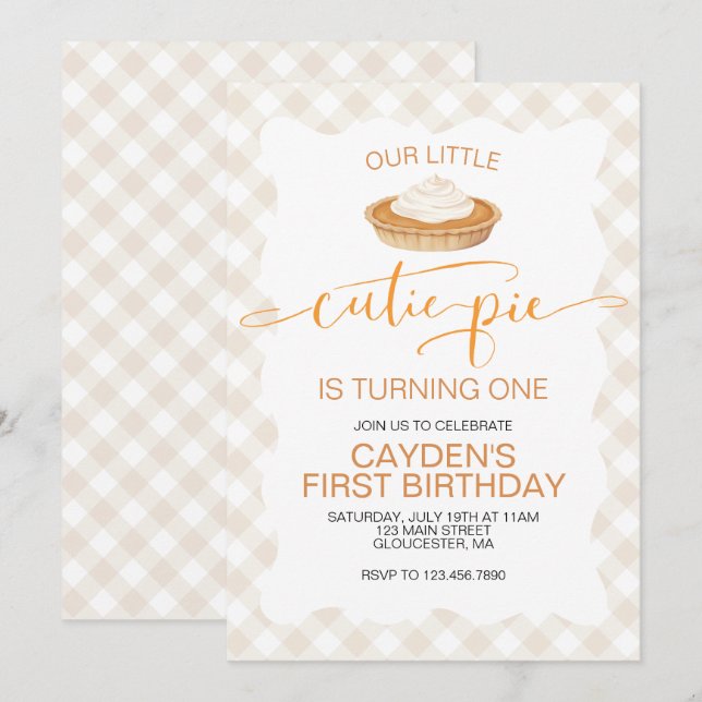 Invitation Cutie Pie citrouille pie Chute plaid Premier anniv (Devant / Derrière)