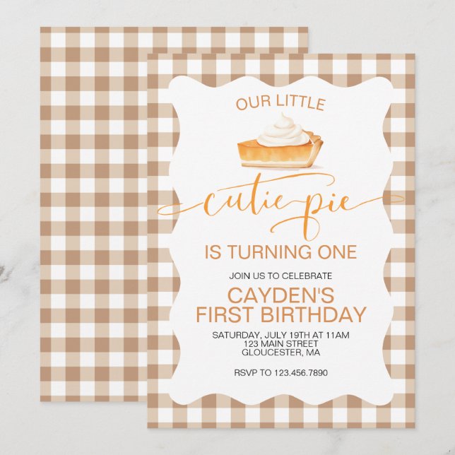 Invitation Cutie Pie citrouille pie Chute plaid Premier anniv (Devant / Derrière)