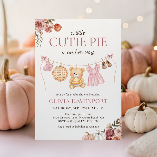 Invitation Cutie Pie Rose Automne Teddy ours Baby shower fill (Créateur téléchargé)