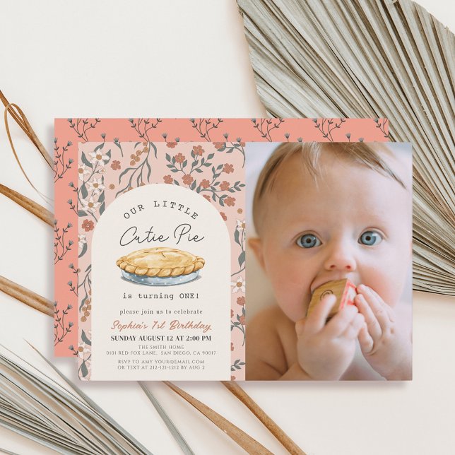 Invitation Cutie Pie Rose Floral Girl 1er Anniversaire Photo (Créateur téléchargé)