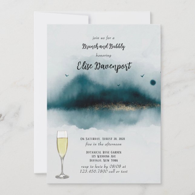 Invitation Cyan Beach And Gold Flecks Brunch et Bubbly (Devant)