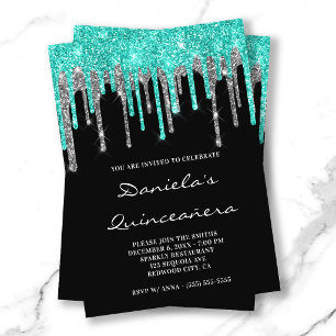 Invitation Cyan Silver Glitter Drips Black Quinceañera