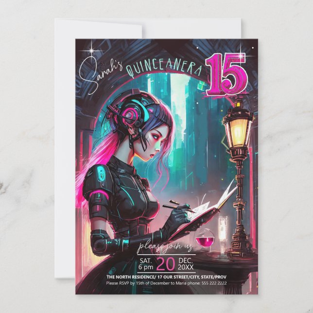 Invitation Cyberpunk Quinceanera Hot Pink/Turquoise ID1027 (Devant)