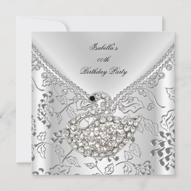 Invitation Cygne Argent Damask Blanc Élégant Anniversaire (Devant)
