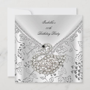 Invitation Cygne Argent Damassé Blanc Élégant Anniversaire