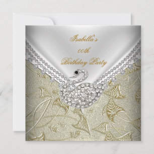 Invitation Cygne Blanc Damassé Or Élégante Fête d'Anniversair