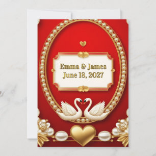 Invitation ✨ Cygne blanc romantique Mariage rouge or 💖