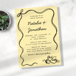 Invitation Cygnes Capriceux Doodle Jaune Beurre Noir Mariage