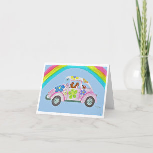 Invitation Dachshunds dans une voiture hippie sous un arc-en-