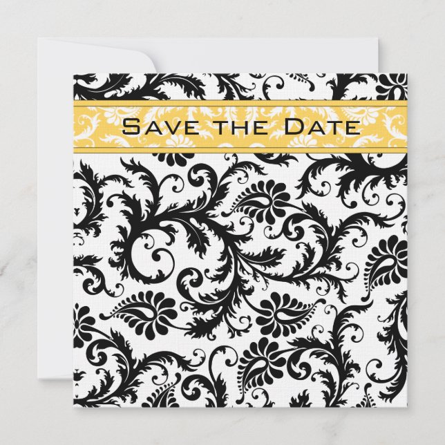 Invitation Daffodil Jaune et Noir Damas Enregistrer la date (Devant)