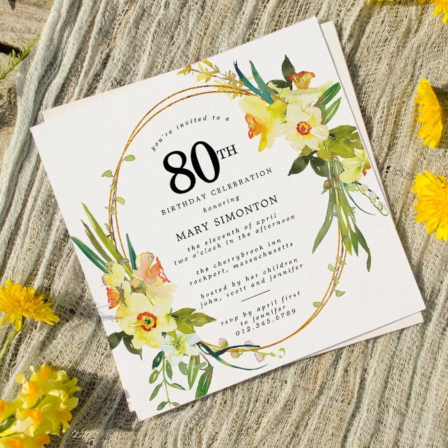 Invitation Daffodile jaune Boho rustique 80e anniversaire (Créateur téléchargé)