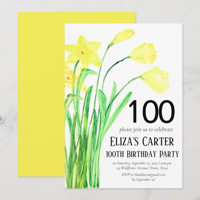 Invitation Daffodile rustique 100ème anniversaire floral élég (Devant / Derrière)