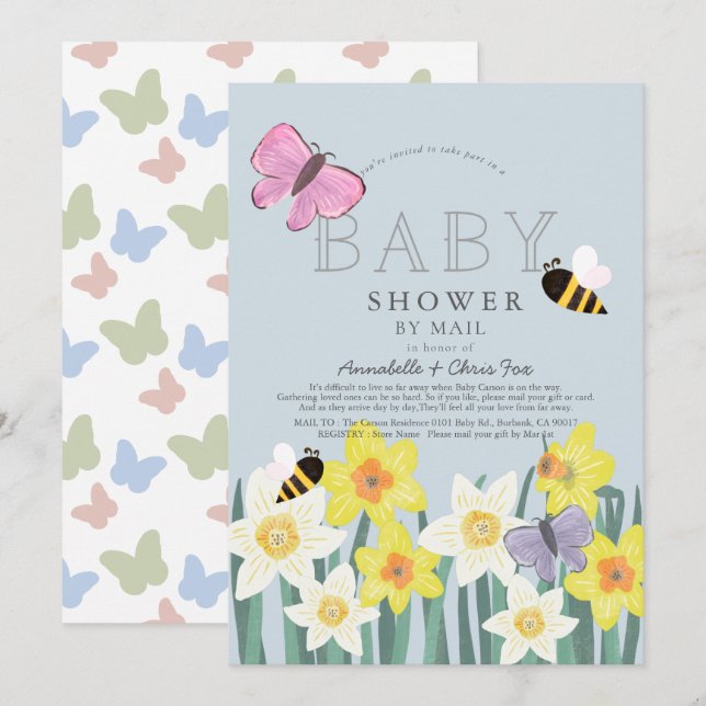 Invitation Daffodique papillon abeille Baby shower floral par (Devant / Derrière)