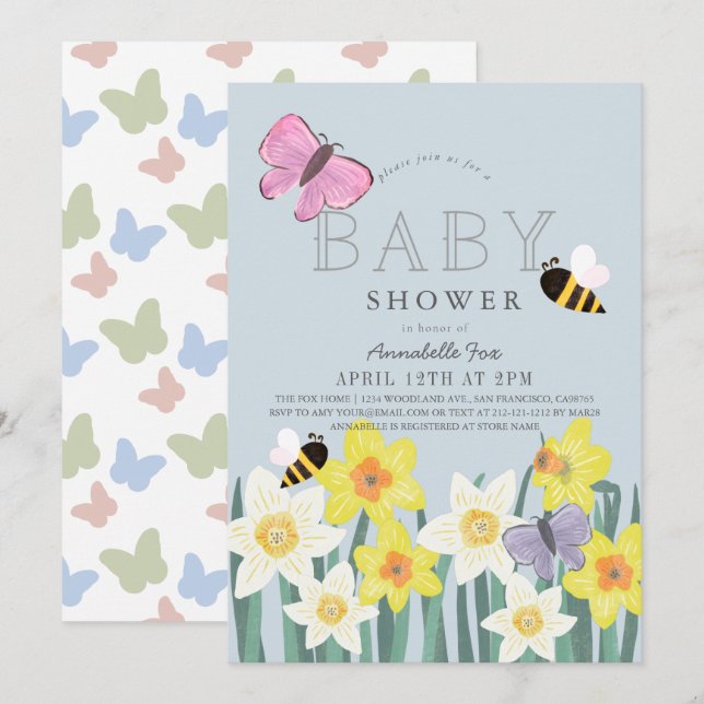 Invitation Daffodique Papillon Bee Baby shower Floral (Devant / Derrière)