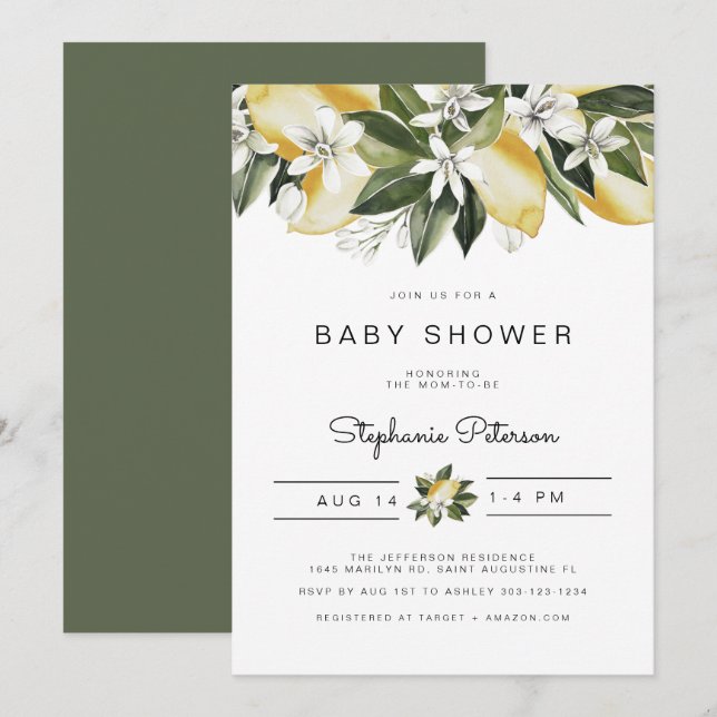 Invitation Dahlia - Aquarelle Citrus Citron Blanc Floral (Devant / Derrière)