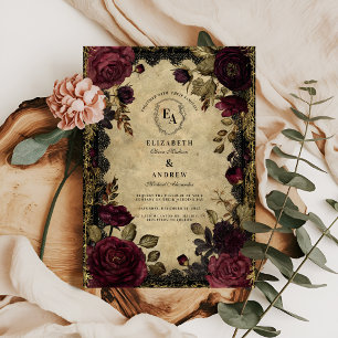 Invitation Dahlia bordeaux et romance baroque or