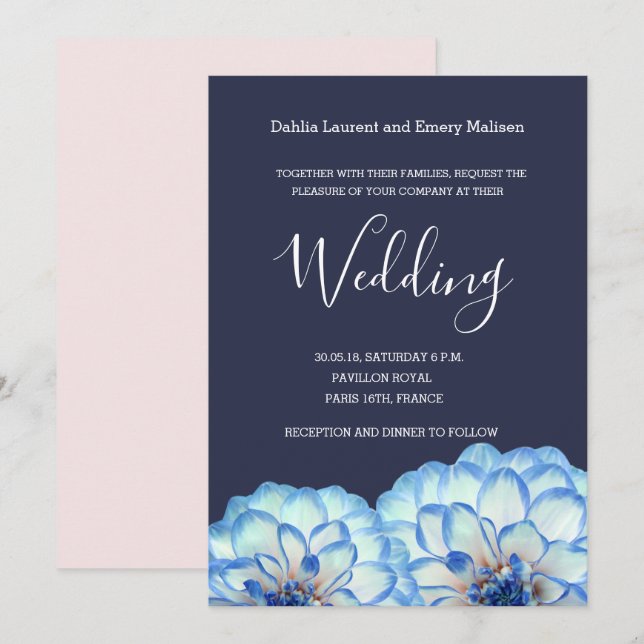Invitation Dahlia fleurs bleu marine blanc roux rose mariage (Devant / Derrière)
