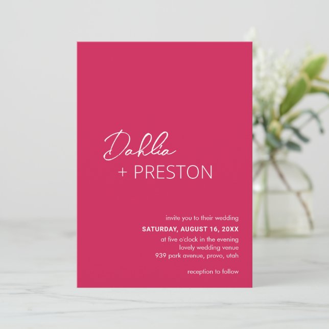Invitation Dahlia Magenta Mariage moderne contemporain (Debout devant)