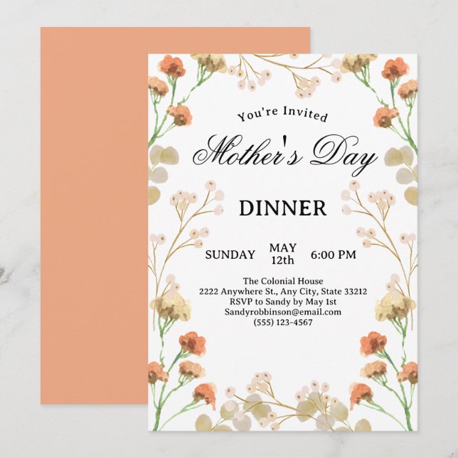 Invitation Dainty Fleur sauvage White Mère's Day Dîner (Devant / Derrière)