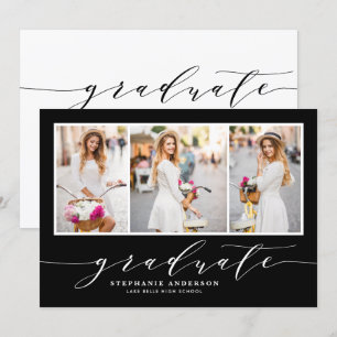 Invitation Dainty Script Trois Photo Black Graduation Party
