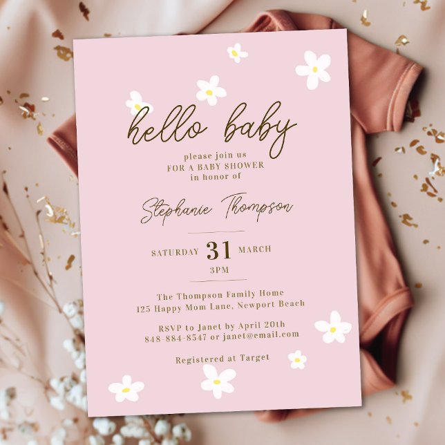 Invitation Daisies Bonjour Bébé Printemps rose Boho fille Dou (Créateur téléchargé)