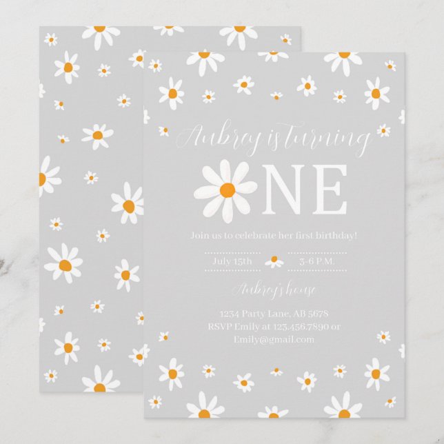 Invitation Daisy 1er anniversaire Grey (Devant / Derrière)