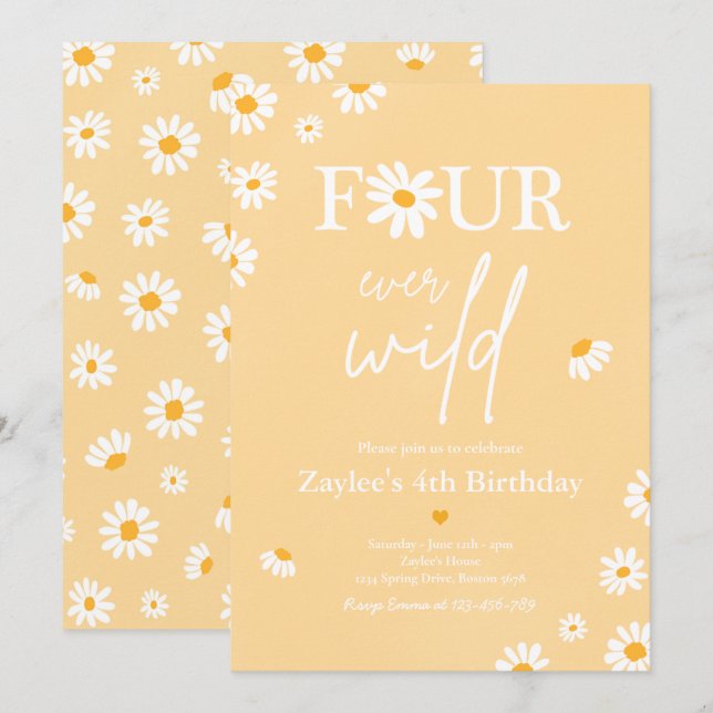 Invitation Daisy Anniversaire fête Bohmian Four Ever Wild (Devant / Derrière)