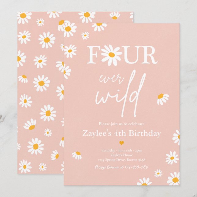 Invitation Daisy Anniversaire fête Bohmian Four Ever Wild (Devant / Derrière)