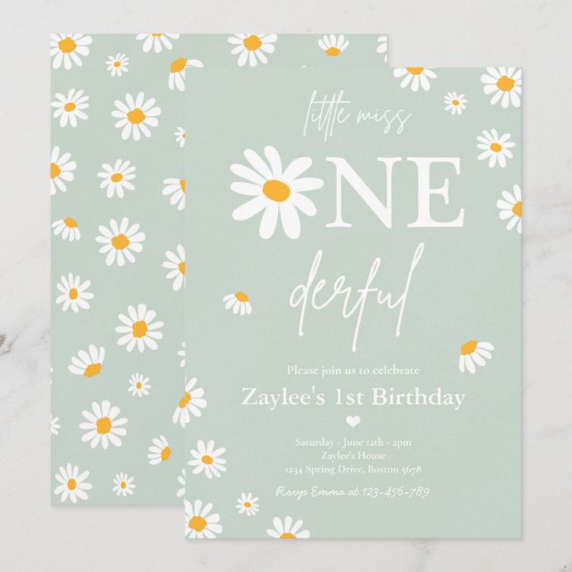 Invitation Daisy Anniversaire Fête Bohmian Little Miss Oneder (Devant / Derrière)