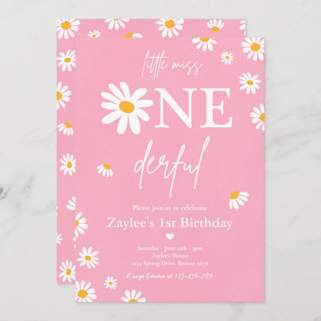Invitation Daisy Anniversaire Fête Bohmian Little Miss Oneder (Devant / Derrière)