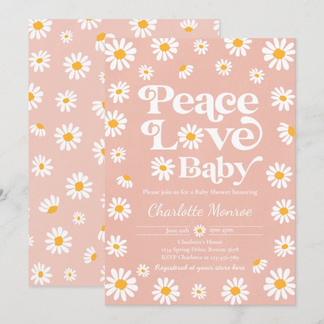 Invitation Daisy Baby shower Bohême Peace Love Baby shower  (Devant / Derrière)