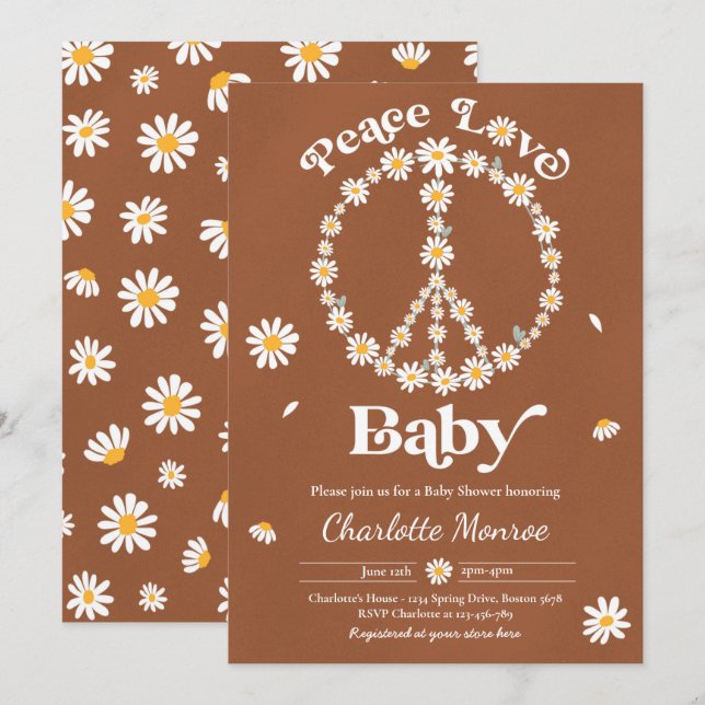Invitation Daisy Baby shower Bohême Peace Love Baby shower (Devant / Derrière)