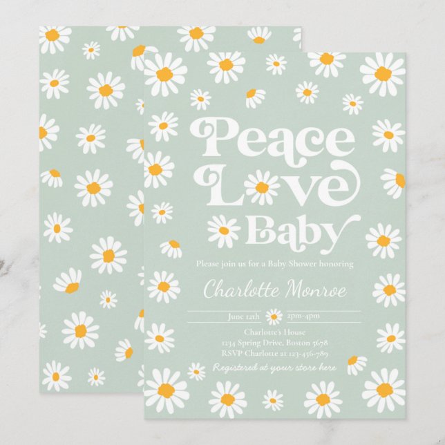 Invitation Daisy Baby shower Bohême Peace Love Baby shower  (Devant / Derrière)