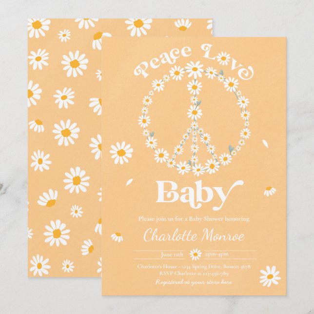 Invitation Daisy Baby shower Bohême Peace Love Baby shower (Devant / Derrière)