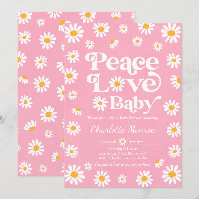Invitation Daisy Baby shower Bohême Peace Love Baby shower (Devant / Derrière)