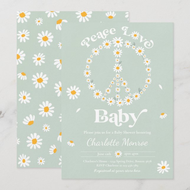 Invitation Daisy Baby shower Bohême Peace Love Baby shower (Devant / Derrière)