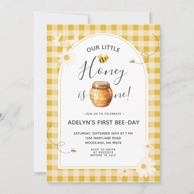 Invitation Daisy En vichy Honey Bee 1er anniversaire Invitati (Devant)