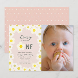 Invitation Daisy Floral Pink Photo 1er Anniversaire Invitatio