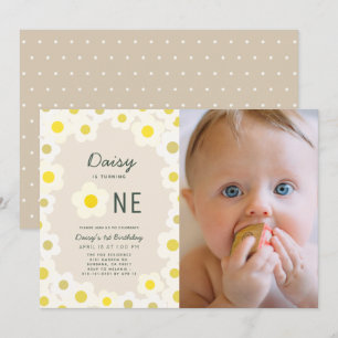 Invitation Daisy Floral Taupe Photo 1er Anniversaire Invitati