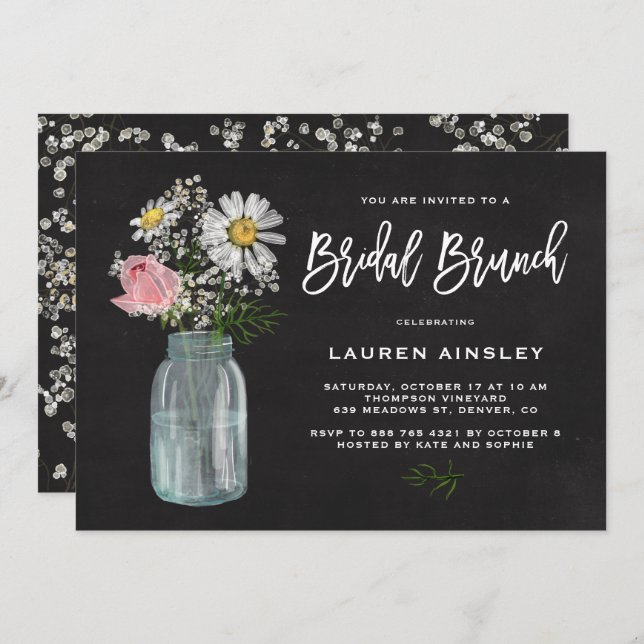 Invitation Daisy Mason Jar Rustic Chalkboard Bridal Brunch (Devant / Derrière)