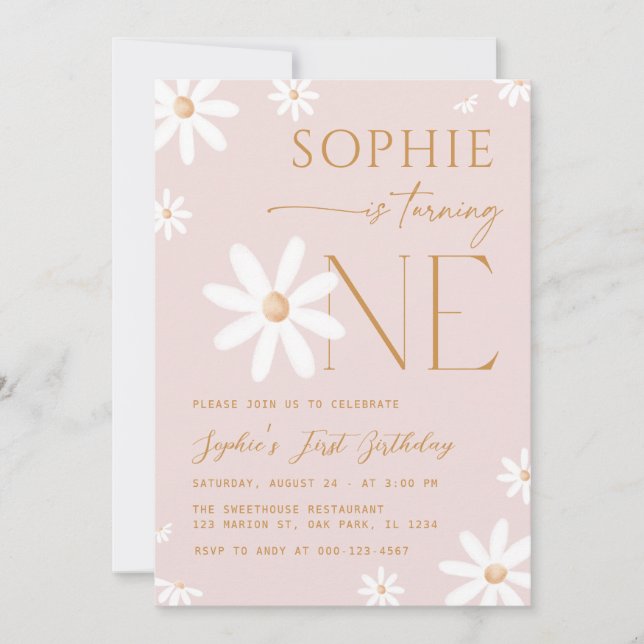 Invitation Daisy One Floral Rose 1er Anniversaire (Devant)