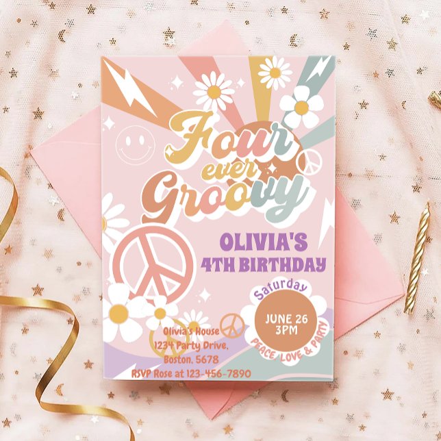 Invitation Daisy Peach Love Four Ever Super 4ème anniversaire (Créateur téléchargé)