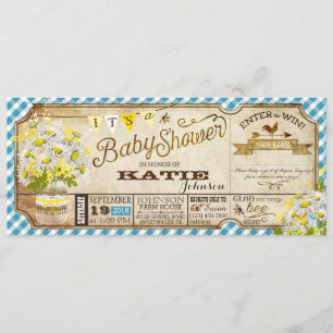 Invitation Daisy Picnic Blue En vichy Check Baby shower