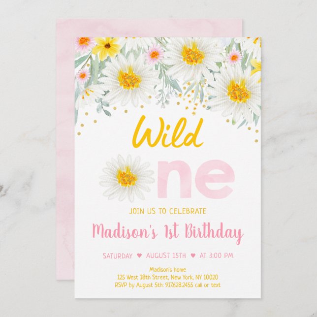 Invitation Daisy Rose Gold Wild Un premier anniversaire (Devant / Derrière)
