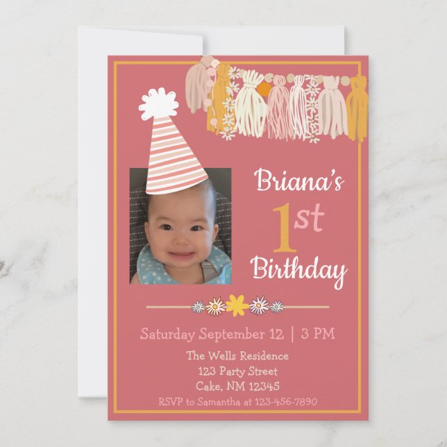 Invitation Daisy Tassel Casquette de fête Filles roses Premie (Devant)